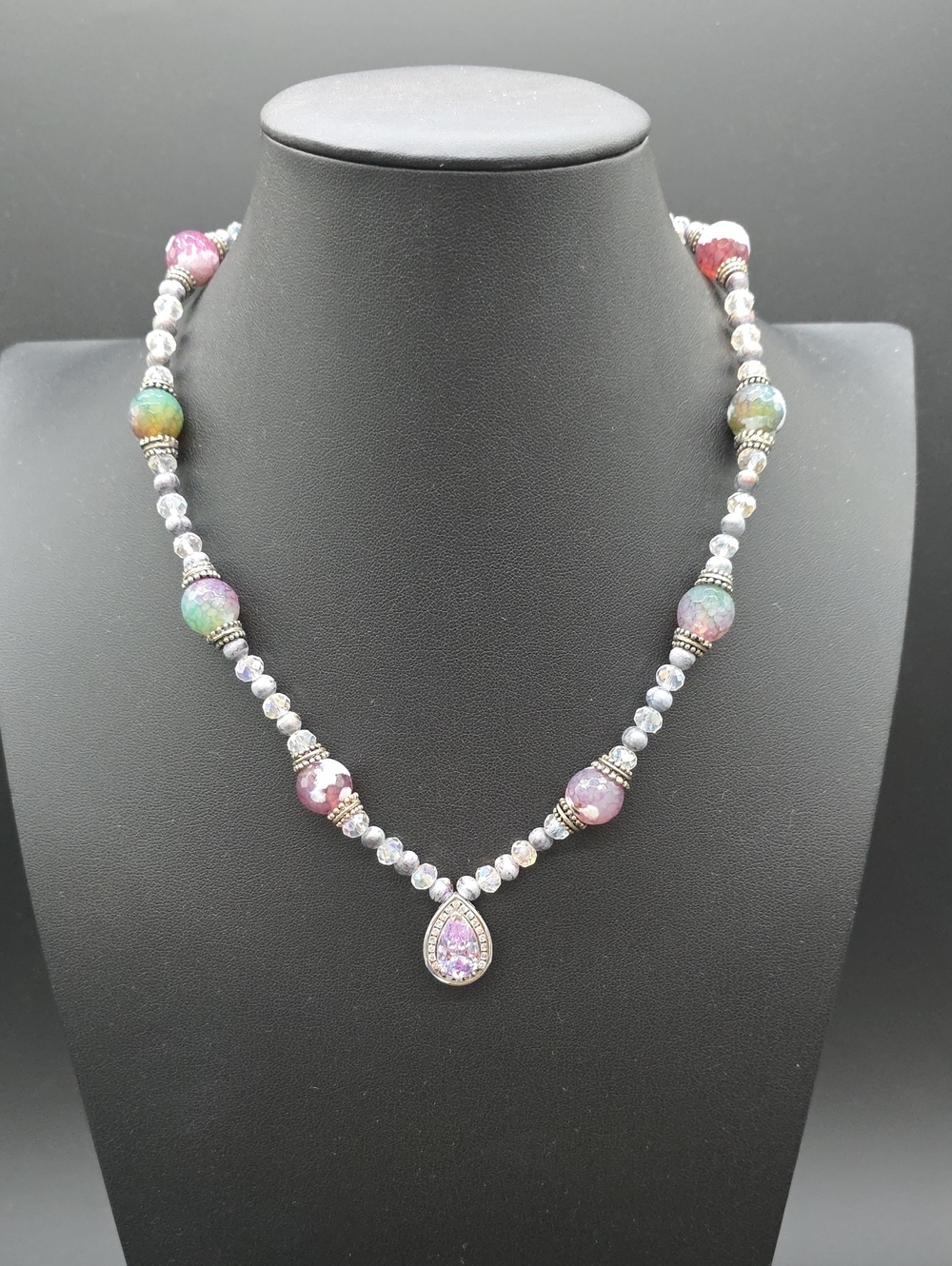 Handcrafted Multi-Color Stone Beaded Necklace with Purple Ross-Simon Pendant